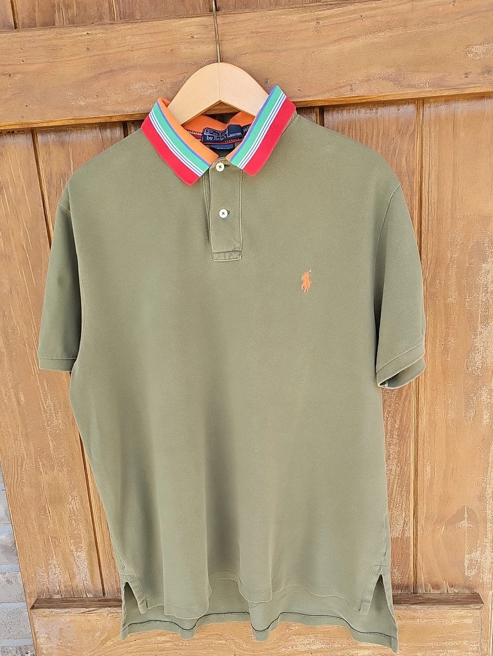 Ralph Lauren Olive Polo with Multi-Color Striped Collar